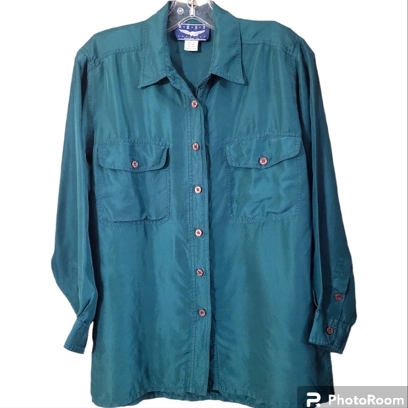 Vintage Best American dark green 100% silk button front shirt - Picture 1 of 9